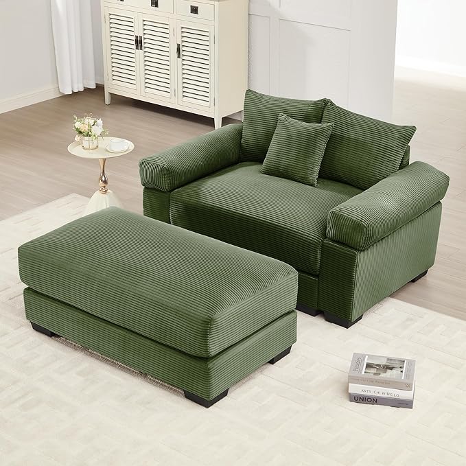 ERYE Modern Corduroy Upholstered Accent Chair and Ottoman Set Oversized Wider Seat Armchair Leisure Comfy Lounge Chaise with Removable CushionArmrests and 3 Pillows