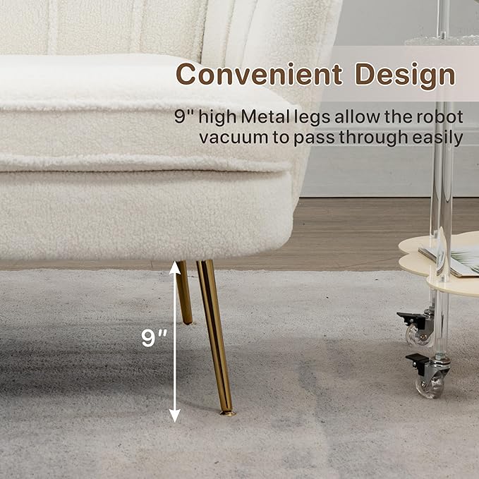 Mlmh &amp Kngwa Sherpa Boucle 2-Seater Sofa 59 Loveset Settee with Gold Metal Legs Comfy Upholstered Floral Mini Couch Sofa for Bedroom Living Room Apartment Ivory