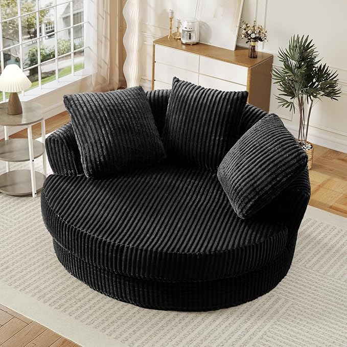 61-inch Oversized Round Chair Modern Accent Corduroy Comfy Deep Seat Boneless Foam Floor Circle Chaise Lounge Sofa Chair with 3 Pillows for Living Room Bedroom Office No Assembly Required Black
