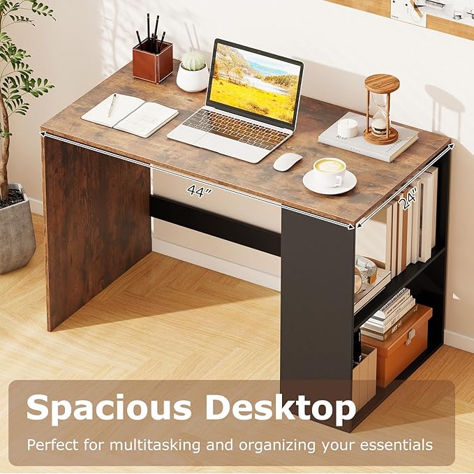 Giantex Small Desk with Bookshelf 44 Inch Modern Computer Desk for Small Spaces Laptop PC Desk Vanity Table for Bedroom Study Writing Desk for Home Office (Black+Rustic Brown)