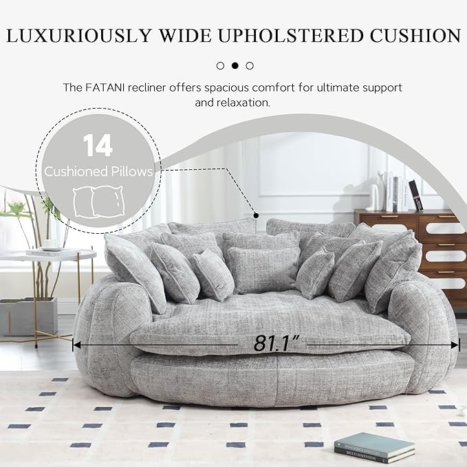 81.1 Oversized Round Chaise Lounge Chair Extra-Wide 2-Person Accent Chair with 14 Pillows Comfy Cloud Sleeper Sofa for Living Room (Grey)
