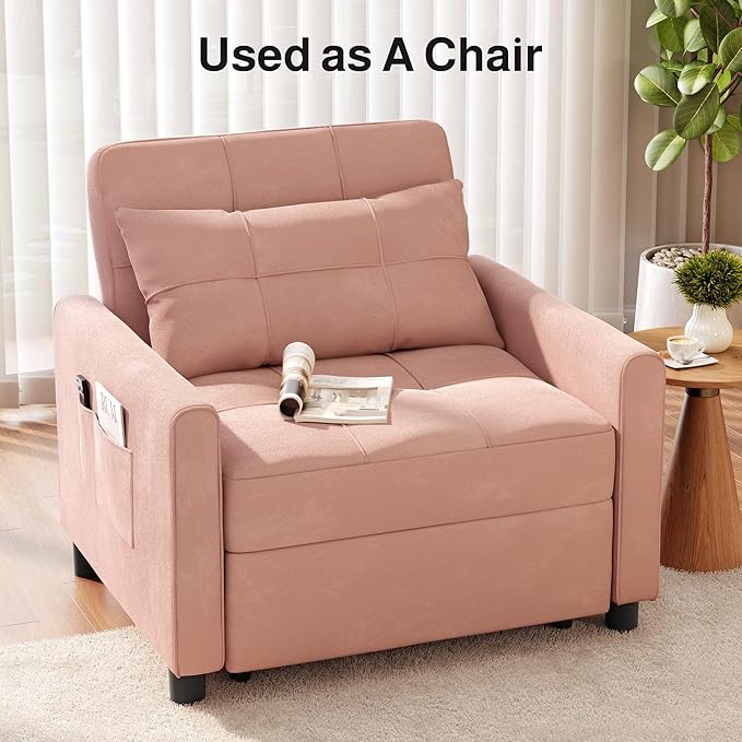 Ahomly Convertible Sleeper Chair Sofa Bed with 3-in-1 Design Adjustable Backrest and Storage Pocket for Living Room Pink