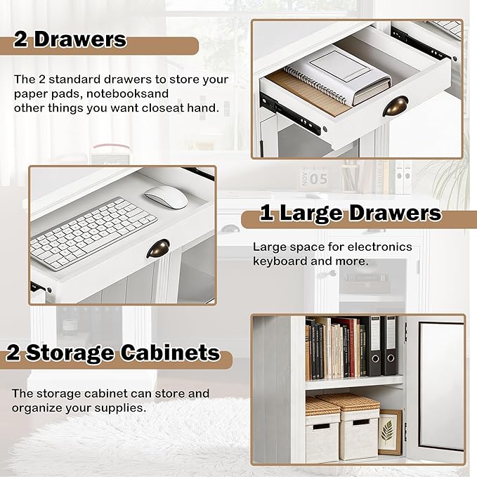 Merax 67 Executive Desk with Drawers Modern Home Office Desk with Charging Station Glass Doors Cabinet Storage Wood Computer Desk for Work and StudyWhite