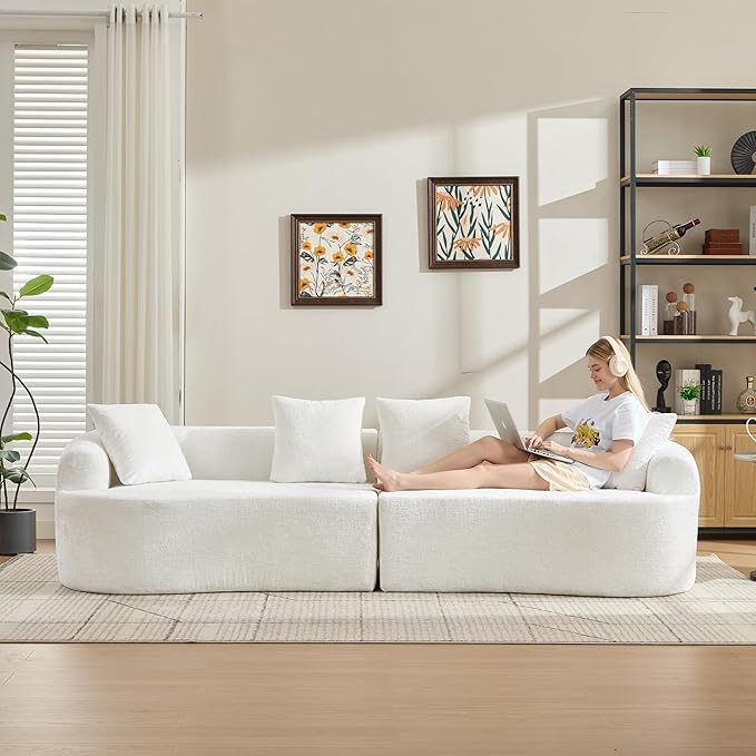Curved Sectional Couch 110 Chenille Cloud Sofa with 4 Pillows 4-Seater Sleeper Sofa for Living Room Apartment Full Compression Sponge (Beige 110 Inch)
