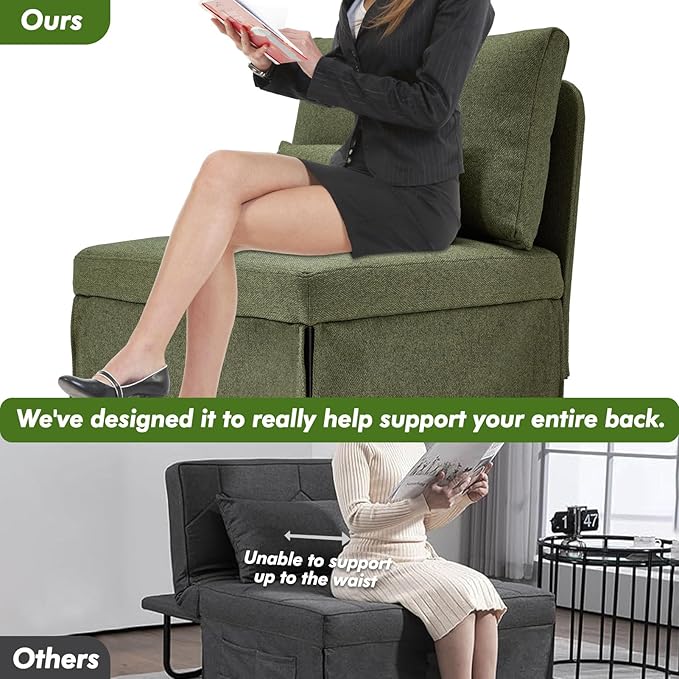 Sleeper Chair Bed Upgrade 4-in-1 to 5-in-1 Convertible Multi-fuction Sofa Chair w/Adjustable Backrest Assembly-Free Linen Folding Sofa Ottoman Bed for Living Room Apartment (Deep Green)