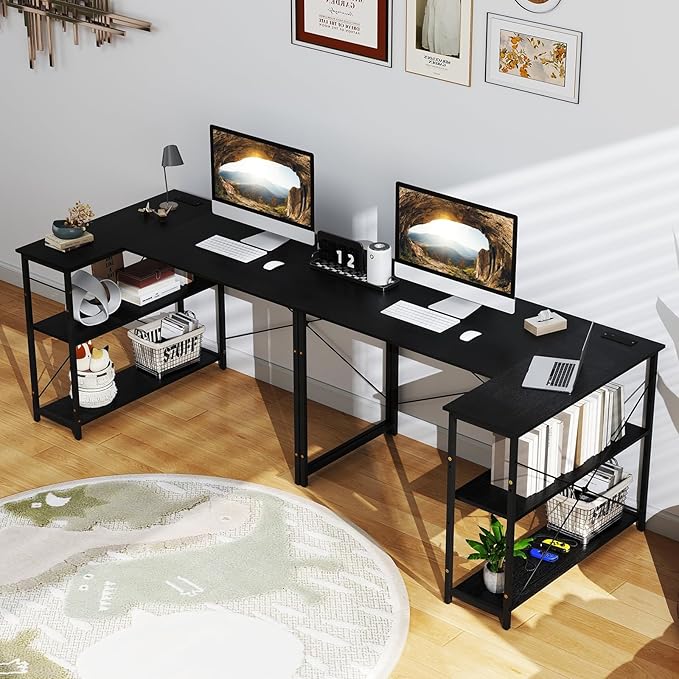 Giantex L Shaped Desk with Charging Station 47 Inch Reversible Computer Desk with Adjustable Storage Shelves &amp Metal Frame Modern Corner Desk for Home Office Studying Writing Gaming (Black)