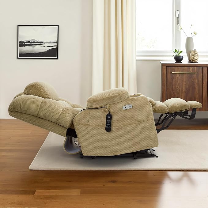 MCombo Oversized Triple Motor Power Lift Recliner Chair with Massage and Dual Heating Adjustable Headrest for Big and Tall Elderly People Fabric R7635 (Beige Large-Oversize)