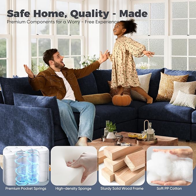 ABCASA 102.6 U Shaped Modular Sectional Sofa 5 Seater Couch with Storage Ottoman Deep Seat and High Backrest with Removable Cover for Living Room Apartment - Chenille Blue