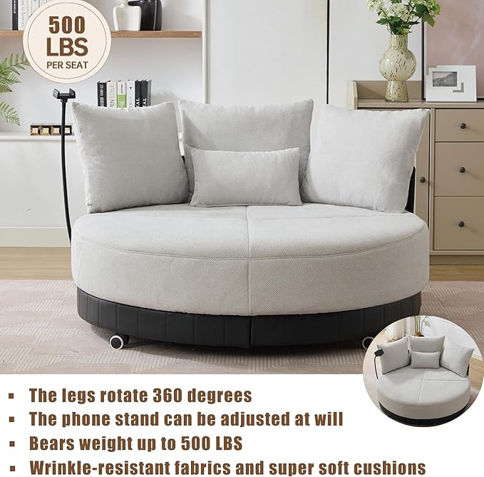 52.75'' Oversized Swivel Cuddle Chair 360° Swivel Round Sofa with Adjustable Phone Holder and 4 Pillows Gray Upholstered Round Loveseat with Rotating Pulley for Living Room Bedroom (Gray)