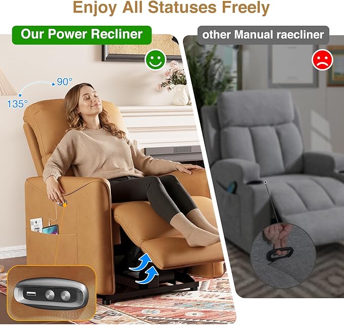 Power Recliner Chair Reclining Chair PU Leather Small Recliners for Small Spaces Infinite Position Electric Recliner Chairs for Adults Electric Recliners with USB Port &amp Side Pocket Brown
