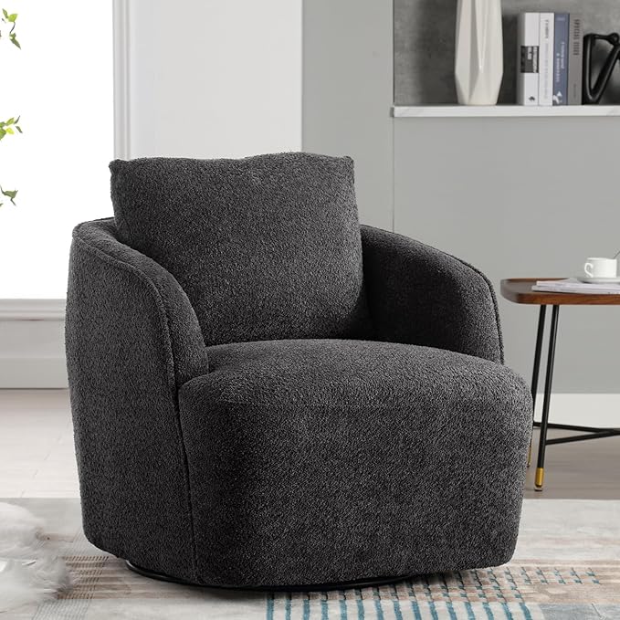 Soft Boucle Upholstered Swivel Accent Barrel Chair Wide Seated Comfy Round Single Sofa Chair 360 Swivel Club Armchair for Living Room Bedroom Nursery (Boucle Charcoal)