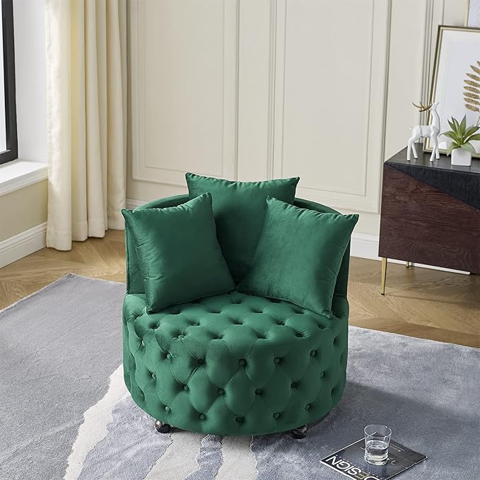 GDFStudio Velvet Swivel Accent Chair with Button Tufted Back Caster Wheels and 3 Matching Pillows Modern Upholstered Armchair for Living Room Home OfficeGreen