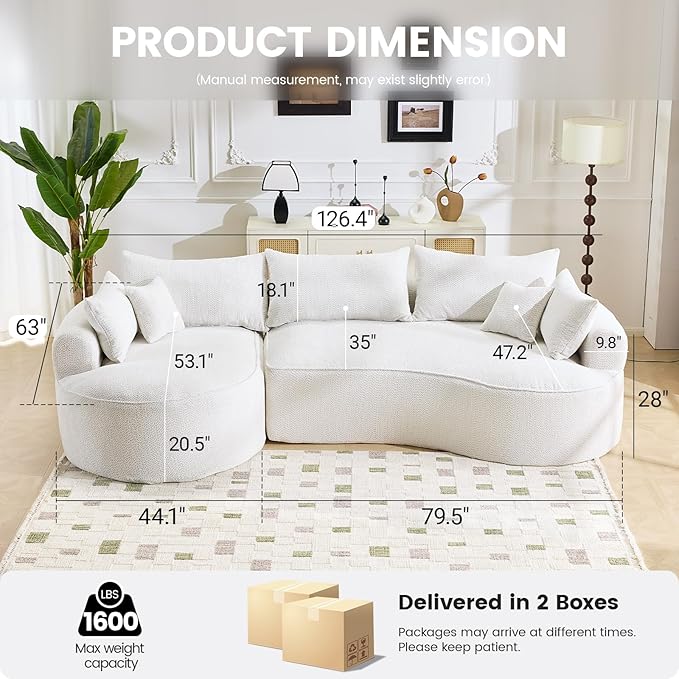 126” Oversized Curved Sectional Sofa L Shaped Chenille Boneless Couch with Deep Seat &amp 7 Pillows for Living Room Bedroom No Assembly Required (White)