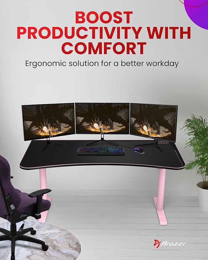 Arozzi Arena Large Gamer Desk - 63x32” Adjustable Height PC Gaming Desk with Storage for Cables &amp Triple-Monitor Support - Full-Surface Washable Mousepad - Pink