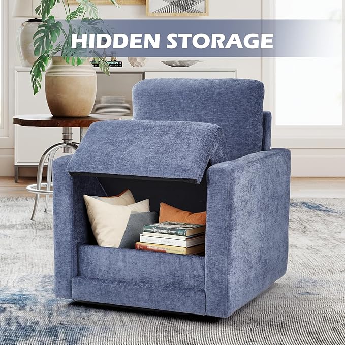 INZOY Swivel Accent Chair with Hidden Storage Comfy 360° Swivel Chair Upholstered Chenille Square Chair for Living Room Bedroom Small Spaces Fully Assembled Blue
