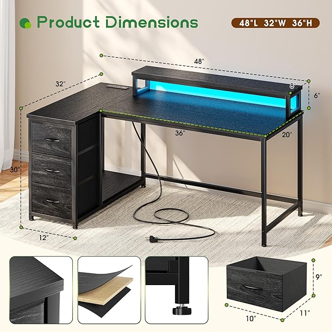 EnHomee L Shaped Gaming Desk with LED Lights &amp Power Outlet 48Inch Reversible Office Desk with Monitor Stand Corner Computer Desk with 3 Drawers for GamingStudy RoomHome OfficeBedroomBlack