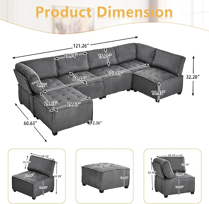 121 Inch Cloud Oversized Modular Sectional Sofa U Shaped Modular Couch with Reversible Chaise Comfy 6 Seat Convertible Sectional Sofa with Ottoman for Living Room Dark Grey
