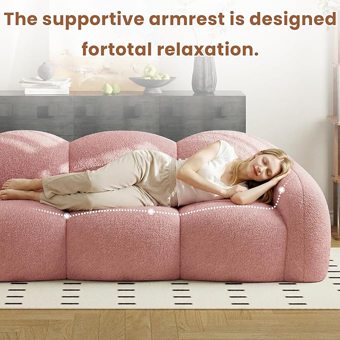90.55 Inches 3-Seater Sofa Couch Modern Teddy Plush Boneless Sofa in a Box Soft Couches for Living Room Apartment No Assembly for Small Spaces Pink