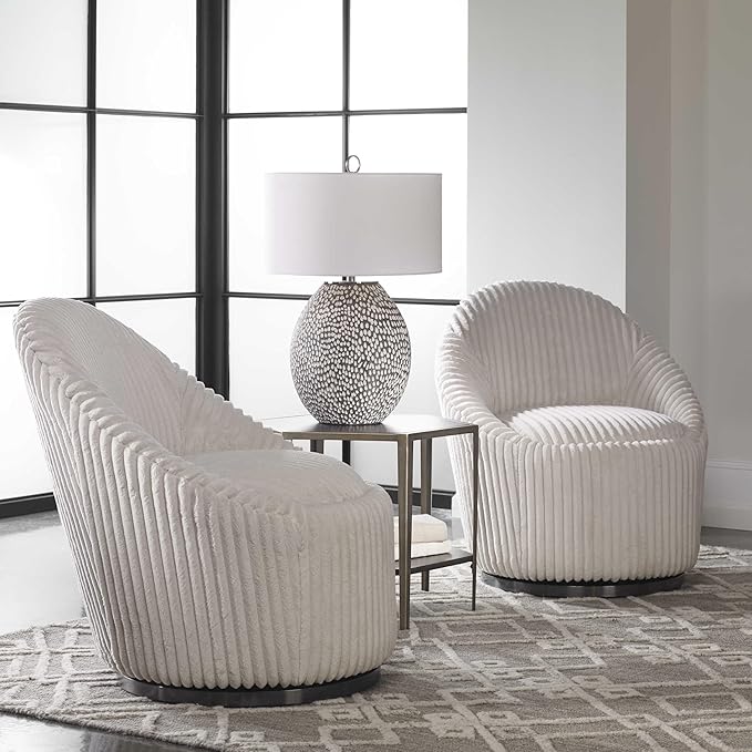 Morden Fort Mid Century 360° Swivel Chair Barrel Accent Sofa Chairs Luxury Corduroy Modern Upholstered Chair Durable Stainless Pedestal Round Armless Chairs for Living Room Bedroom Office Beige