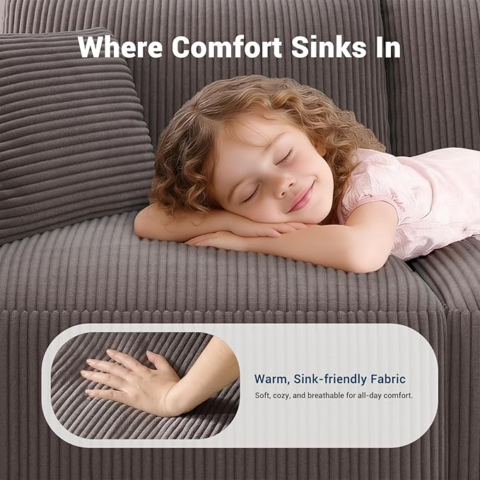 Modular Loveseat Couch Cloud Couches for Living Room - 79 Boneless Sofa - No Assembly Required Cozy Corduroy Convertible Full Sponge Compression Sofas for House Apartment(Grey)