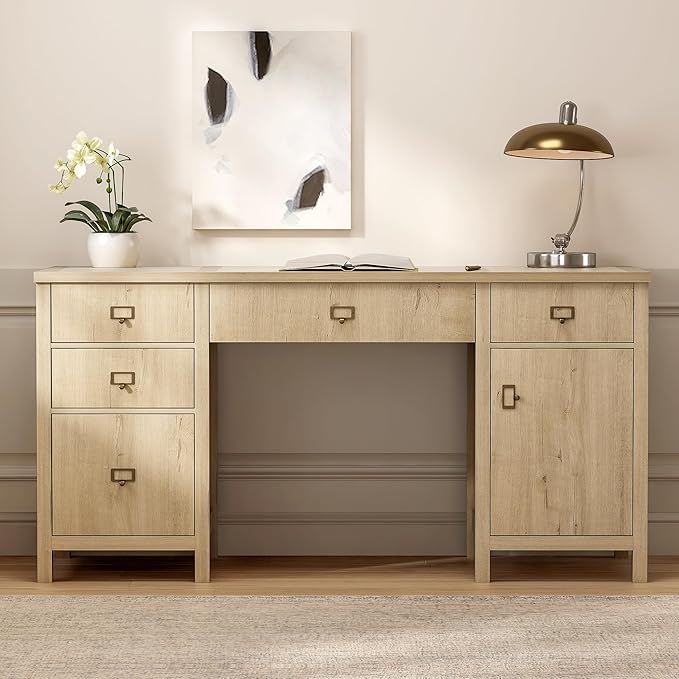 Farmhouse Wood Home Office Desk 59 Executive Desk Computer Desk with File Drawer Charging Station and Storage Cabinet for Writing Study Light Oak