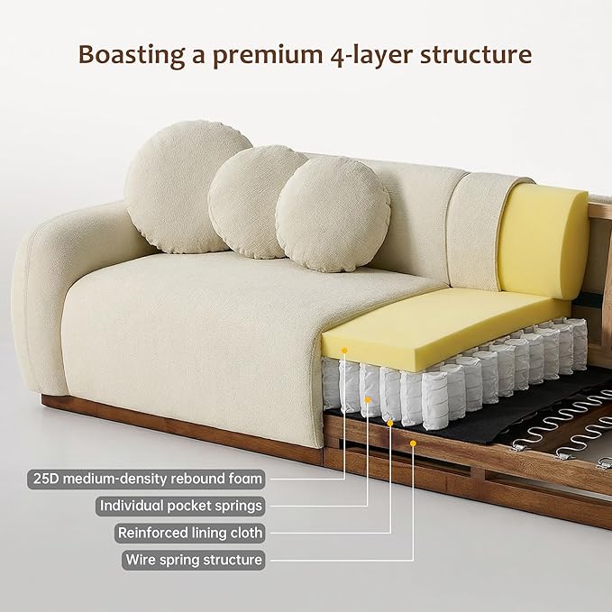 Morden Fort 91‘‘ Chenille Cloud Couch3 Seater Curved Sofa with 3 Round Pillows and Solid Wood Base Easy Assembly Modern Luxury Upholstered Plush Comfy Couch for Living Room ApartmentCream White