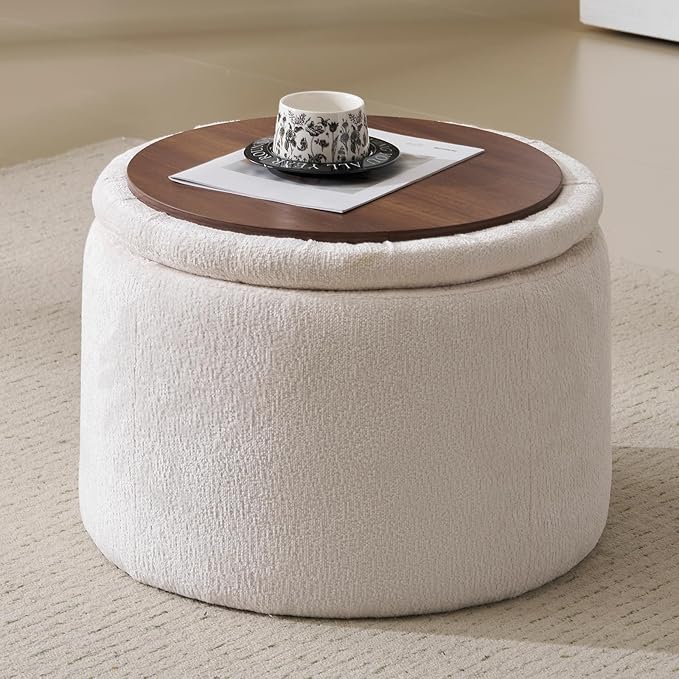Modern Round Storage Ottoman Chenille Ottoman Foot Stools Ottoman Footstool with Removable Lid Storage Ottoman for Living Room Multi-Functional Footrest White