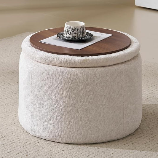 Modern Round Storage Ottoman Chenille Ottoman Foot Stools Ottoman Footstool with Removable Lid Storage Ottoman for Living Room Multi-Functional Footrest White
