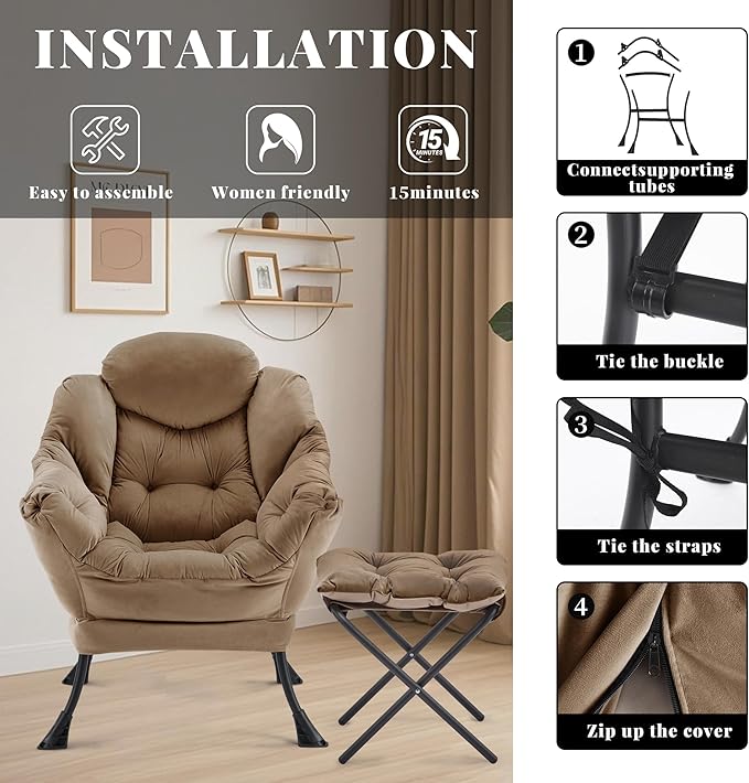 Lazy Chair with Ottoman Comfy Accent Lounge Chair with Side Pocket Modern Reading Armchair with Footrest Upholstered Sofa Chair for Small Spaces Bedroom Living Room Dorm Brown