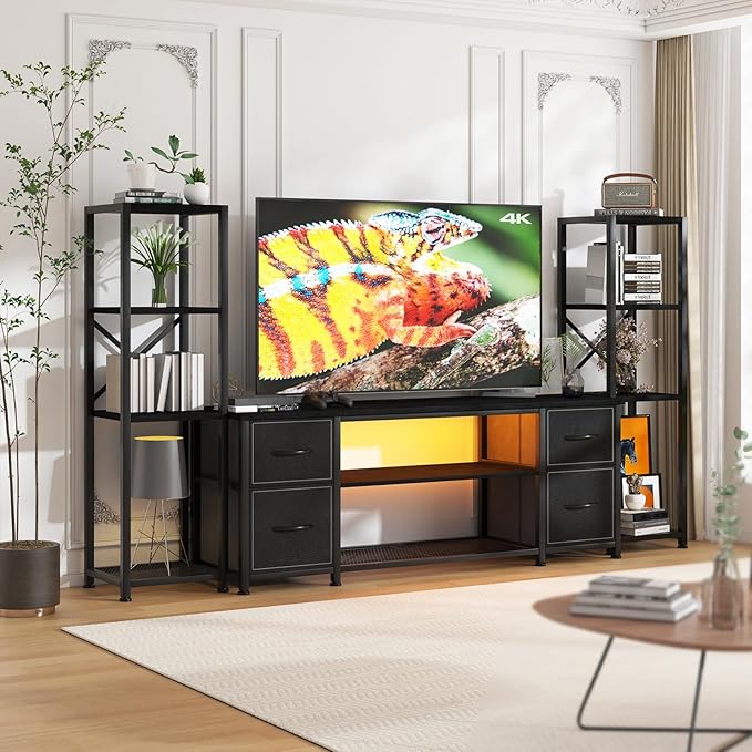 LED TV Stand 60 Inch for Living Room with Charging Station Farmhouse Entertainment Center with 2 Industrial Bookshelves Modern Console Cabinet with Storage Drawers (Black)