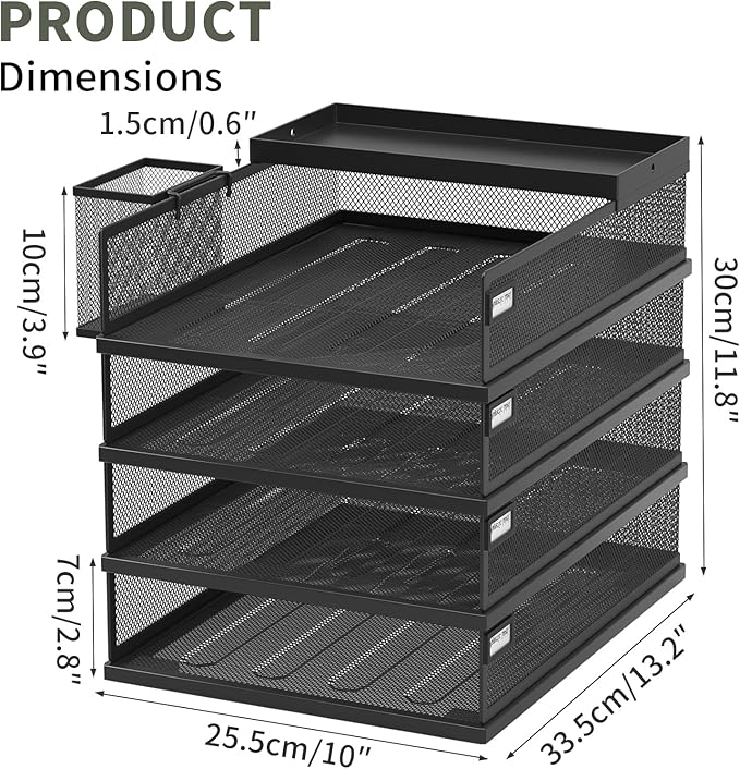 Stackable Letter Trays 4 Tier Metal Paper Tray &amp Desk Organizer Stackable File Trays for Office &amp Home Multi-Functional Document Tray with Fine Grid Design &amp Magnetic LabelsBlack