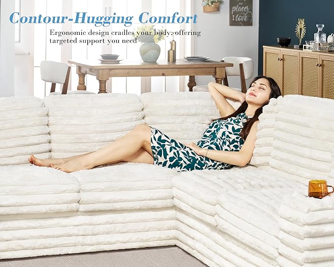 PaPaJet 112 Inch U Shaped Couch Oversized Couch with Storage Sectional Sofa with Chaise &amp 2 USB Ports Faux Fur White Sofa