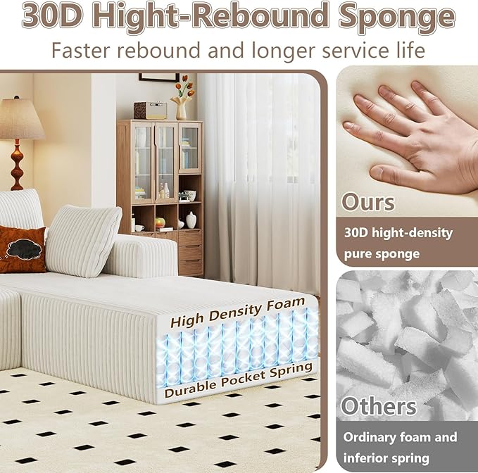 95 Cloud Sectional Couch with L-Shape Chaise Modular Comfy Sofa Chaise Longue Upholstered Corduroy Couches Sleeper with Deep Seat for Living Room Bedroom No Assembly Required(White Right Facing)
