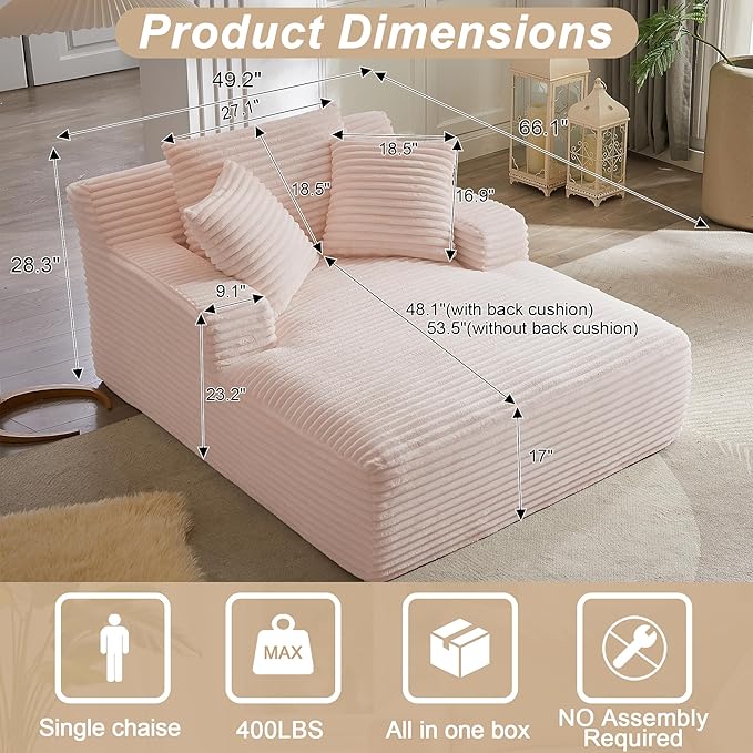 KEIKI 67 Oversized Chaise Lounge Chair Indoor Corduroy Upholstered Sleeper Sofa Couch with Deep Seat Comfort Modern Cloud Sofa Bed for Guest Room Lounging No Assembly Required