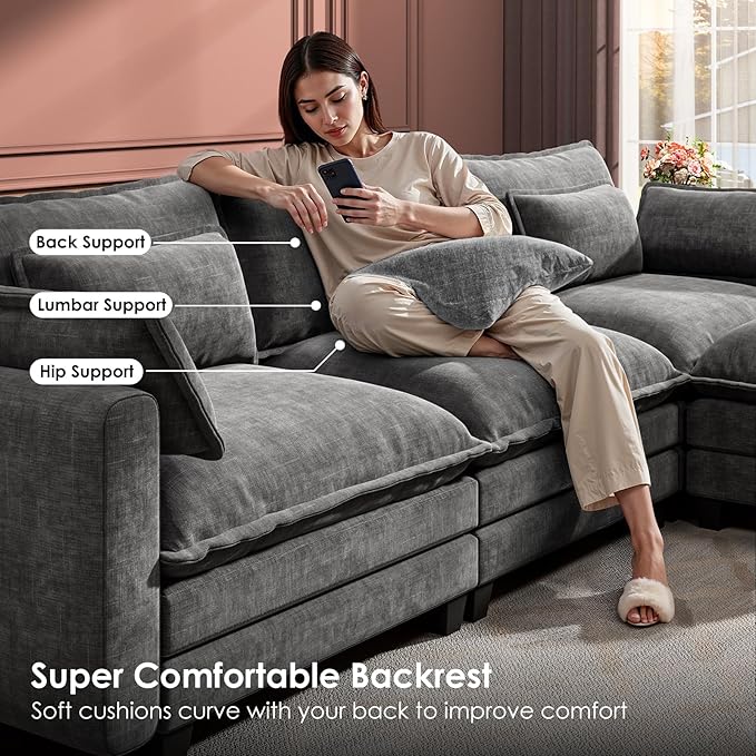 Marsail Modular Sectional Sofa 110.6 U-Shaped Modern Comfy Cloud Couch 5-Seat Chenille Deep Seat Sofa with Throw Pillow &amp Movable Ottoman for Living Room Bedroom and Apartment Grey
