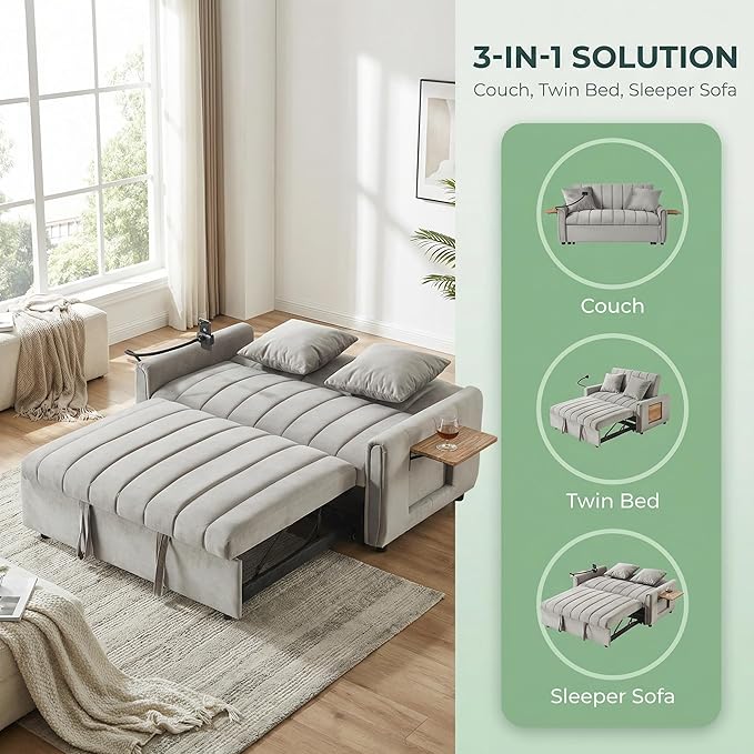 53.9 3-in-1 Convertible Sleeper Sofa Bed Loveseat Pull Out Bed with USB Ports &amp Swivel Stand Modern Foldable Sofa Bed with Tabletop Sleeper Couch for Living Room Bedroom (Grey)