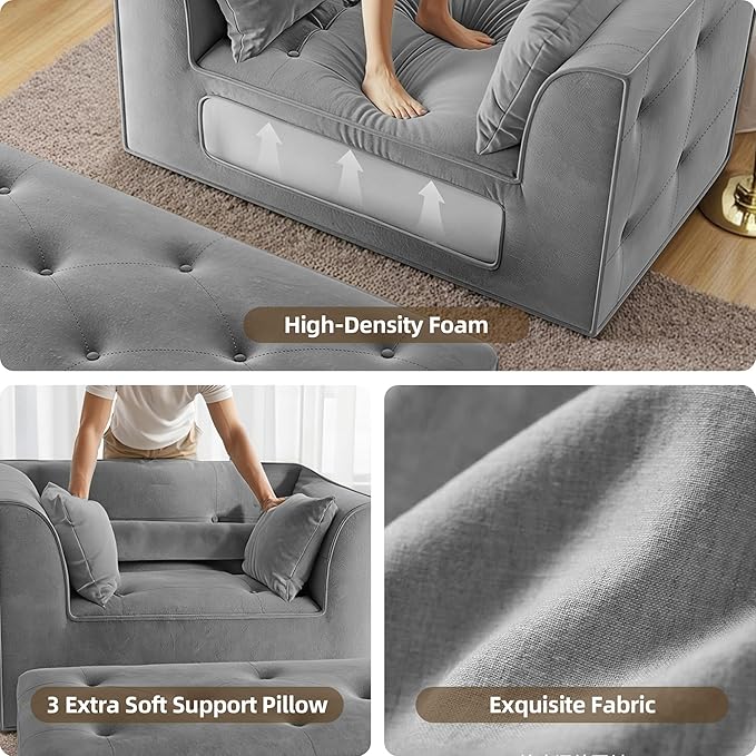 62 Chaise Lounge Chair IndoorDeep Seat Sleeper Sofa Cloud Couch with 3 Soft Pillows and OttomanComfy Cloud Seat for Living Room Apartment Office(Dark Grey Chaise Lounge+Ottoman)