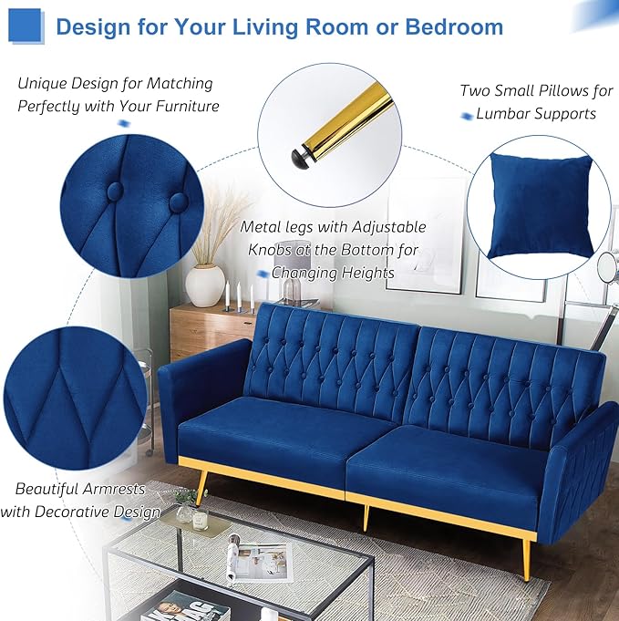 70” Velvet Futon Sofa Bed w/Adjustable Armrests and Backrest Convertible Futon Couch w/2 Pillows Modern Sleeper Bed for Living Room Bedroom Blue