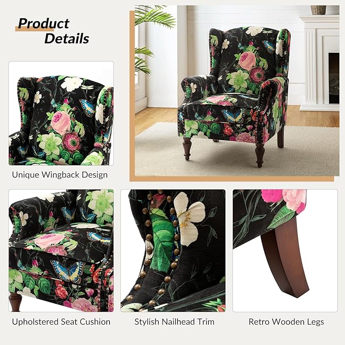 HULALA HOME Wingback Accent Chairs Set of 2 with Floral Pattern Design Traditional Fabric Armchairs with Nailhead Trim and Retro Wooden Legs Black