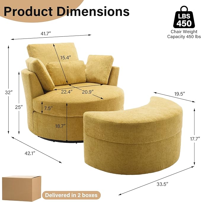 Swivel Accent Barrel Chairs with Storage Ottoman Chaise Lounge Indoor with Removable Headrest Oversized Sofa Chair for Living Room Chenille Mustard