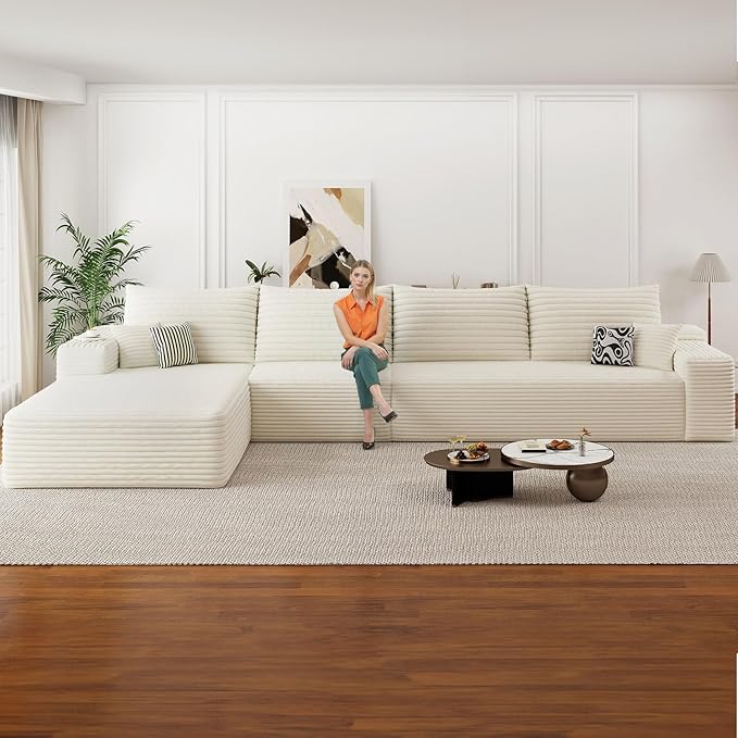 135.5 Cloud Sectional Couch with L-Shape Chaise Corduroy Boneless Couch for Living Room Modern Memory Foam Sofa with Deep SeatNo Assembly Required(WhiteLeft Facing Chaise)