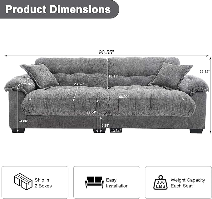 90.55 Cloud Couch Sectional Sofa for Living Room Modern Love Seat Sofa for Small Spaces 2 Seater Comfy Cloud Loveseat Small Sleeper Sofa Couch for Bedroom Grey