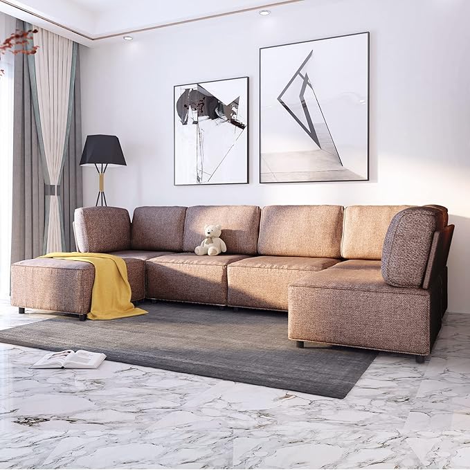 Mjkone 120 Inch U Shaped Sectional Couches for Living Room Convertible L Shaped Sectional Sofa with Ottoman Oversized Sleeper Sofa Linen Fabric Deep Modular Sectional Sofa 6PCS Dark Brown