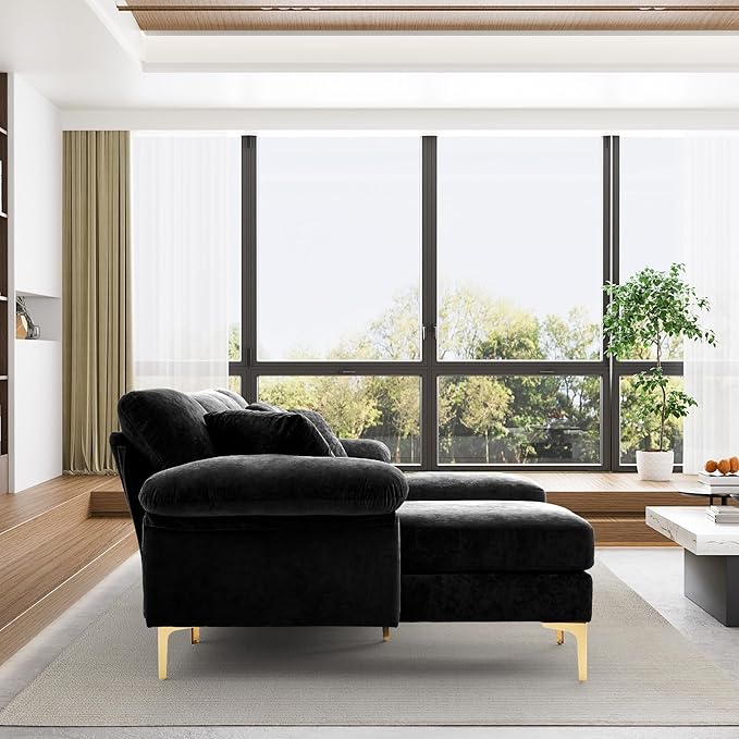 OUYESSIR U-Shaped Sectional Sofa Couch 4 Seat Sofa Set for Living Room Convertible L-Shaped Velvet Couch Set with Chaise Lounge Ottoman and Pillows114 inches (Black)