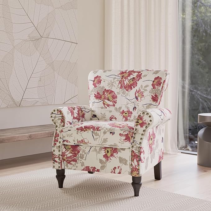 Accent Chair Upholstered High Back Floral Armchair with Nailhead Trim &amp Wood Legs Comfy Wingback Reading Single Sofa Chair for Small Spaces Living Room Bedroom-White Floral Set of 1