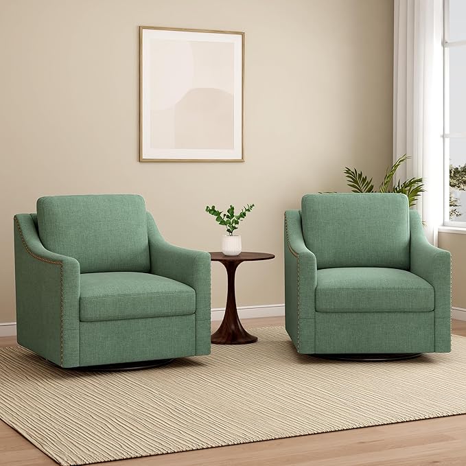 Set of 2 Swivel Accent Chairs for Living Room 360° Swivel Upholstered Club Armchairs with Nailhead Trim Metal Swivel Base Linen-Textured Fabric – Green