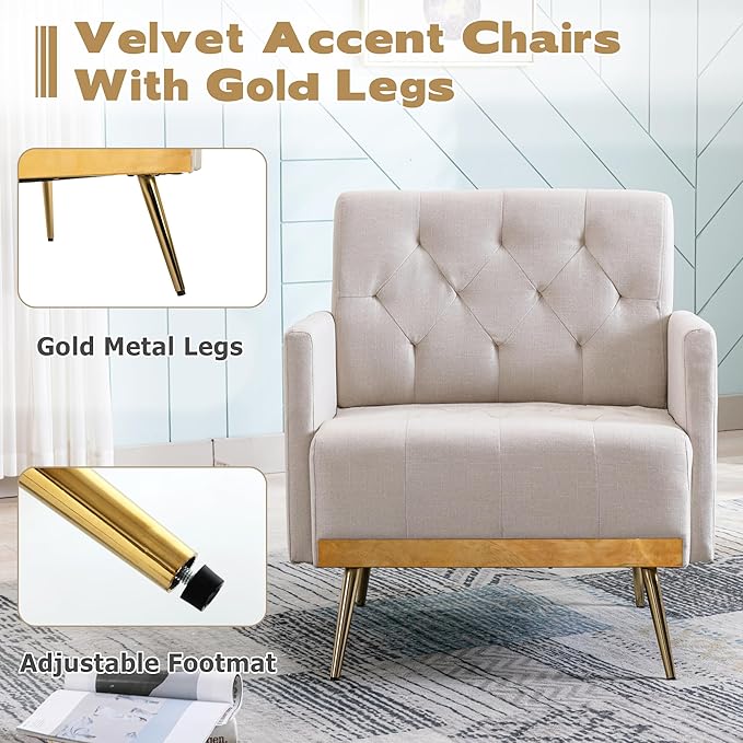 Linen Accent Chair Modern Upholstered Living Room ChairComfy Single Sofa with Button Tufted Back and Golden Metal Legs for Reading Bedroom Waiting Room Beige