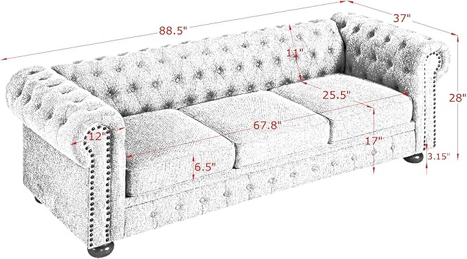 88.5 Upholstered Chesterfield Couch Modern 3 Seater Sofa with Tufted Back and Scrolled Arms Wood Leg Nailhead Sofa for Living Room Office Apartment Small Space Linen Upholstered Gray