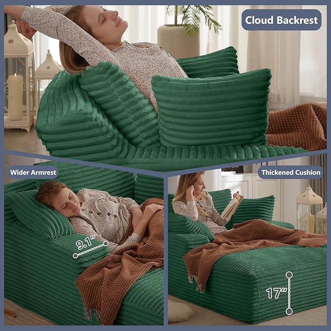 49.2 Oversized Chaise Lounge Chair Deep Seat Upholstered Cozy Cloud Couch Modern Corduroy Floor Sleeper Sofa Bed Reading Chair for Living Room Bedroom Apartment Office Indoor Green