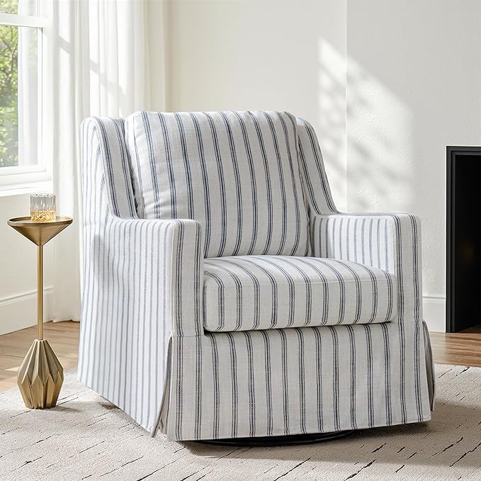HULALA HOME Swivel Rocker Chair Farmhouse Swivel Rocking Accent Chair with Washable Slipcover Striped Fabric Barrel Armchair with Down Filled Cushions Navy